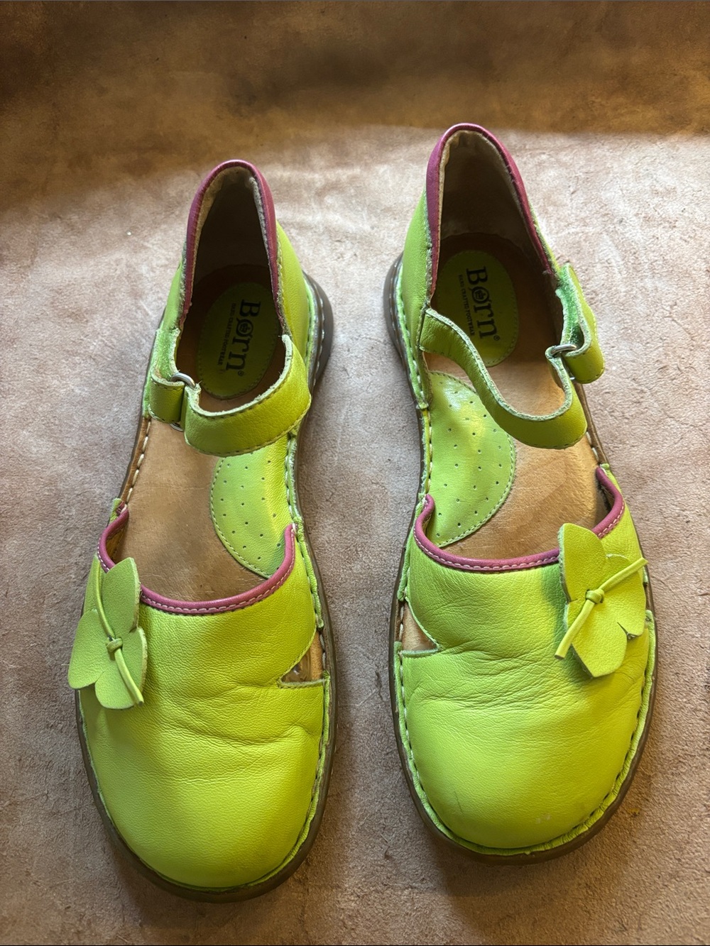 Born Neon Green Leather Mary Jane Flats with Pink Trim